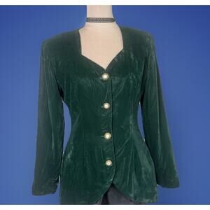 Vintage 80s Green Fitted Velvet Blazer Pearl Button | Power Shoulders Old Money